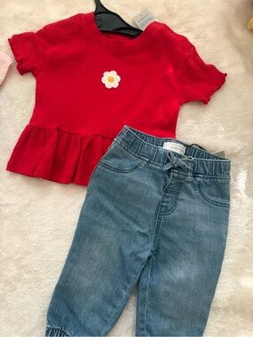 Primark Red Top and Blue Denim Joggers Kids Matching Set